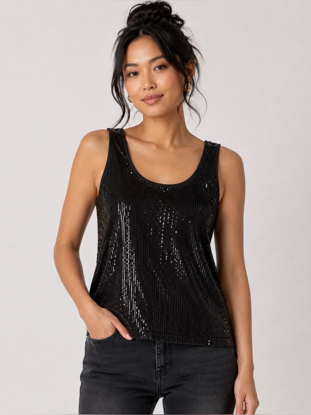 NWT Knapp Studio Black Lined Sequin Scoop Neck Tank Top Medium